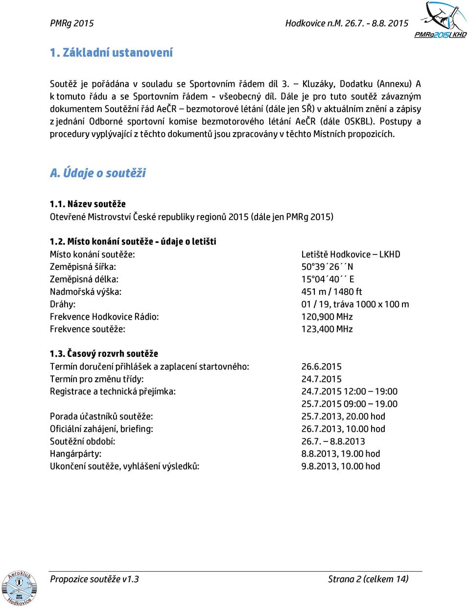 Postupy a procedury vyplývající z těchto dokumentů jsou zpracovány v těchto Místních propozicích. A. Údaje o soutěži 1.