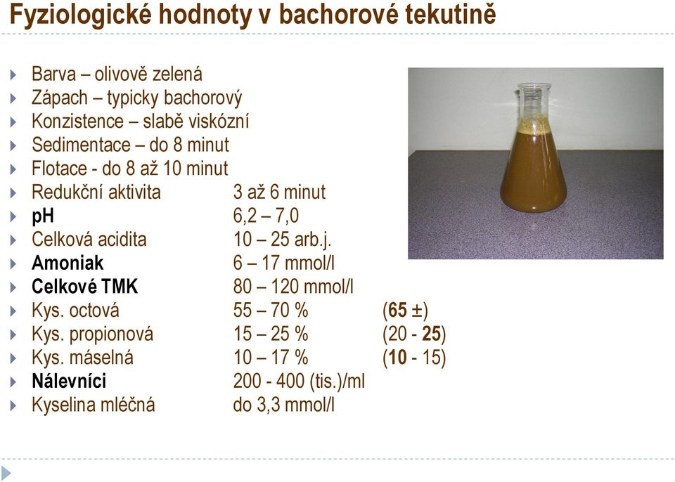 Celková acidita 10 25 arb.j. Amoniak 6 17 mmol/l Celkové TMK 80 120 mmol/l Kys. octová 55 70 % (65 ±) Kys.