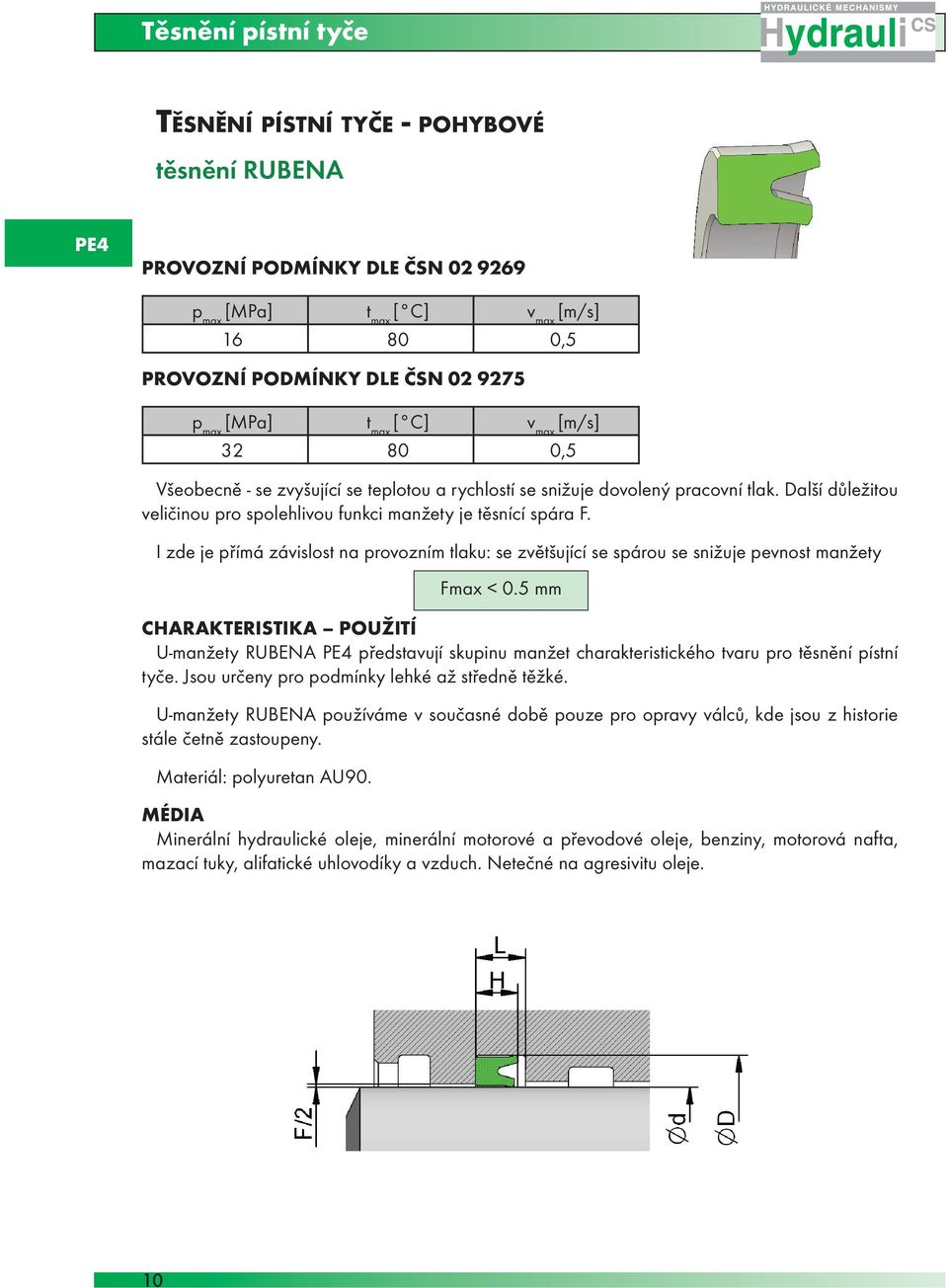 I zde je přímá závislost na provozním tlaku: se zvětšující se spárou se snižuje pevnost manžety CHARAKTERISTIKA POUŽITÍ U-manžety RUBENA PE4 představují skupinu manžet charakteristického tvaru pro