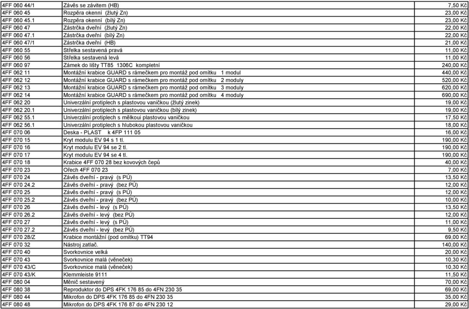 1306C kompletní 240,00 Kč 4FF 062 11 Montážní krabice GUARD s rámečkem pro montáž pod omítku 1 modul 440,00 Kč 4FF 062 12 Montážní krabice GUARD s rámečkem pro montáž pod omítku 2 moduly 520,00 Kč