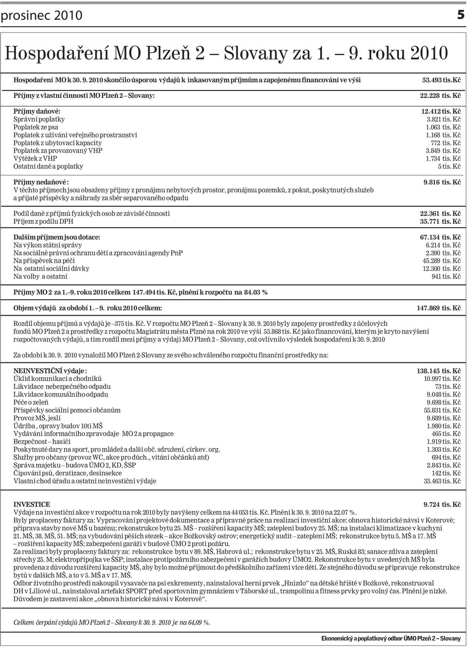 2010 skončilo úsporou výdajů k inkasovaným příjmům a zapojenému financování ve výši Příjmy z vlastní činnosti MO Plzeň 2 Slovany: Příjmy daňové: Správní poplatky Poplatek ze psa Poplatek z užívání