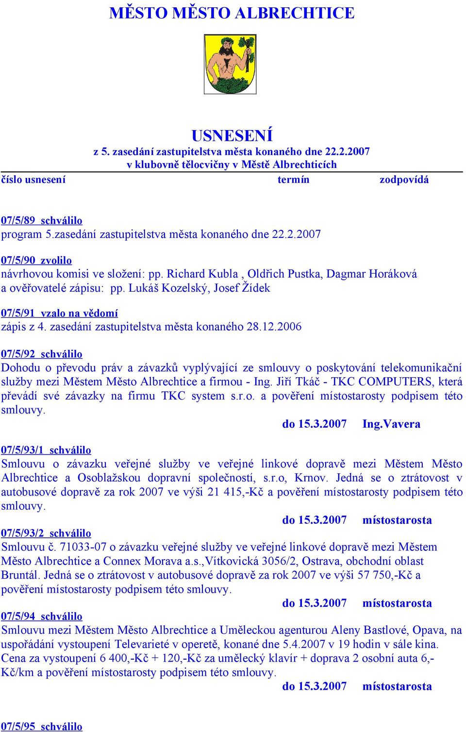 Lukáš Kozelský, Josef Žídek 07/5/91 vzalo na vědomí zápis z 4. zasedání zastupitelstva města konaného 28.12.