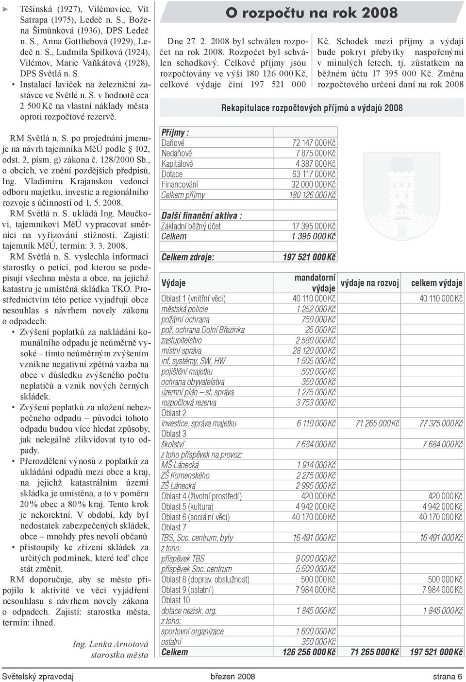 2, písm. g) zákona č. 128/2000 Sb., o obcích, ve znění pozdějších předpisů, Ing. Vladimíru Krajanskou vedoucí odboru majetku, investic a regionálního rozvoje s účinností od 1. 5. 2008. RM Světlá n. S. ukládá Ing.