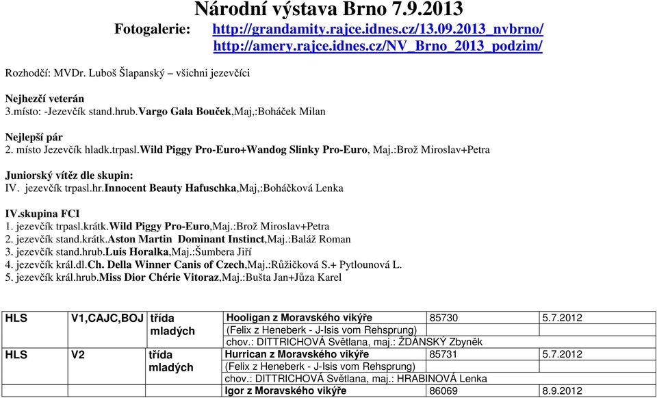 :Brož Miroslav+Petra Juniorský vítěz dle skupin: IV. jezevčík trpasl.hr.innocent Beauty Hafuschka,Maj,:Boháčková Lenka IV.skupina FCI 1. jezevčík trpasl.krátk.wild Piggy Pro-Euro,Maj.