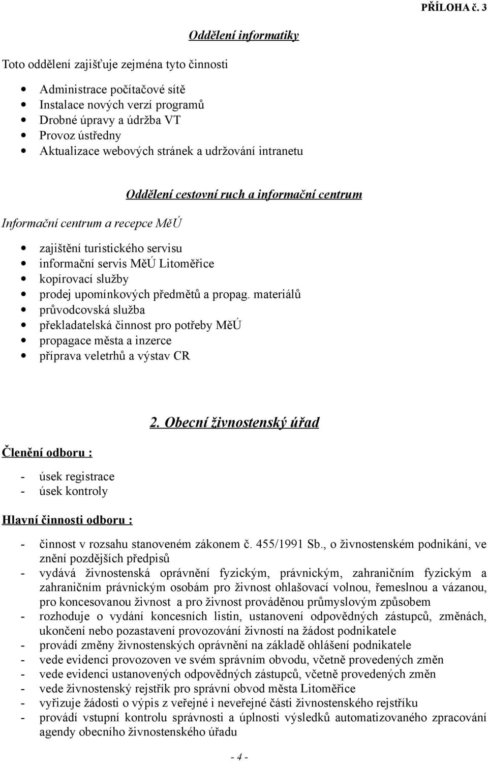 stránek a udržování intranetu Informační centrum a recepce MěÚ Oddělení cestovní ruch a informační centrum zajištění turistického servisu informační servis MěÚ Litoměřice kopírovací služby prodej