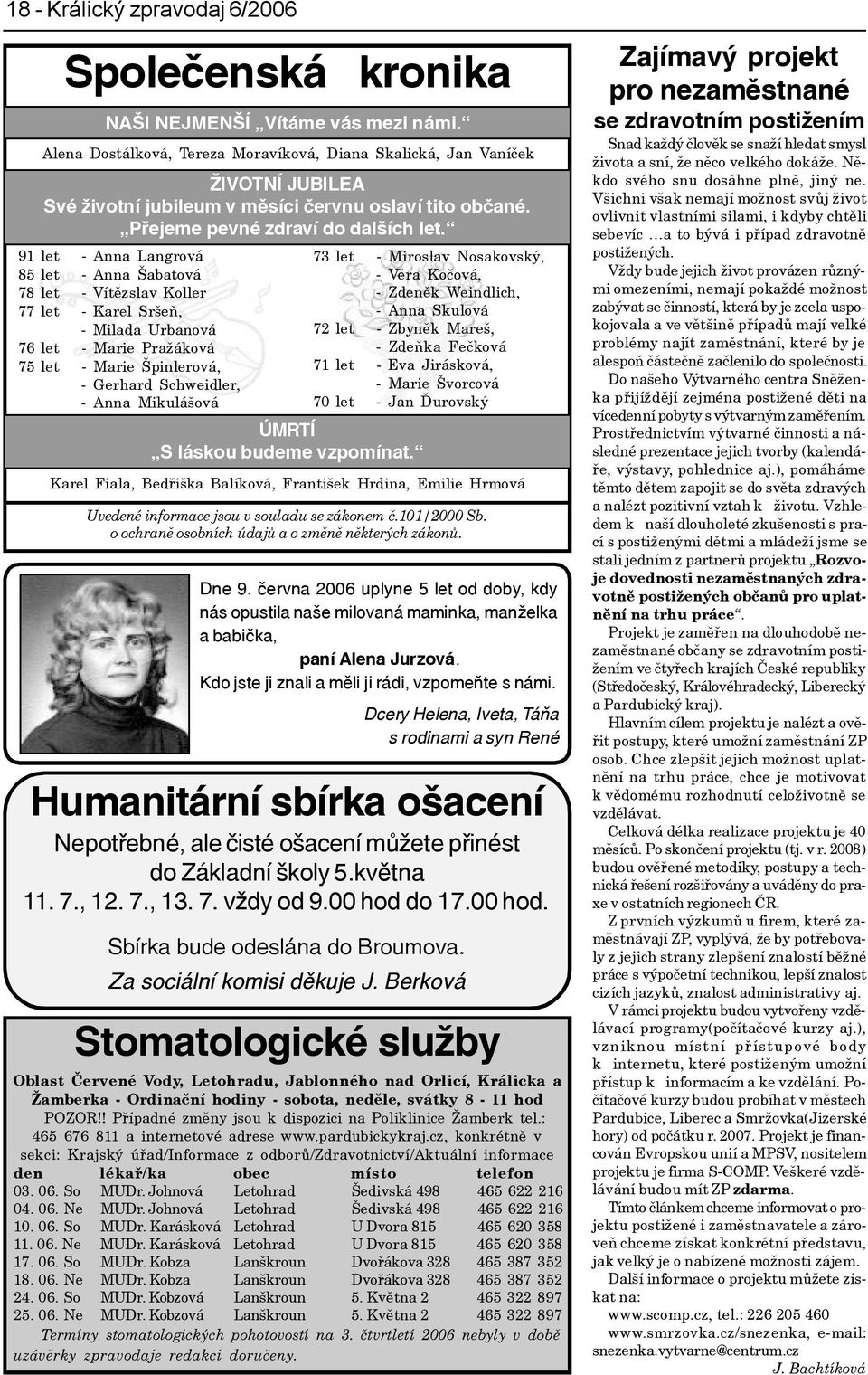 91 let - Anna Langrová 85 let - Anna Šabatová 78 let - Vítìzslav Koller 77 let - Karel Sršeò, - Milada Urbanová 76 let - Marie Pražáková 75 let - Marie Špinlerová, - Gerhard Schweidler, - Anna