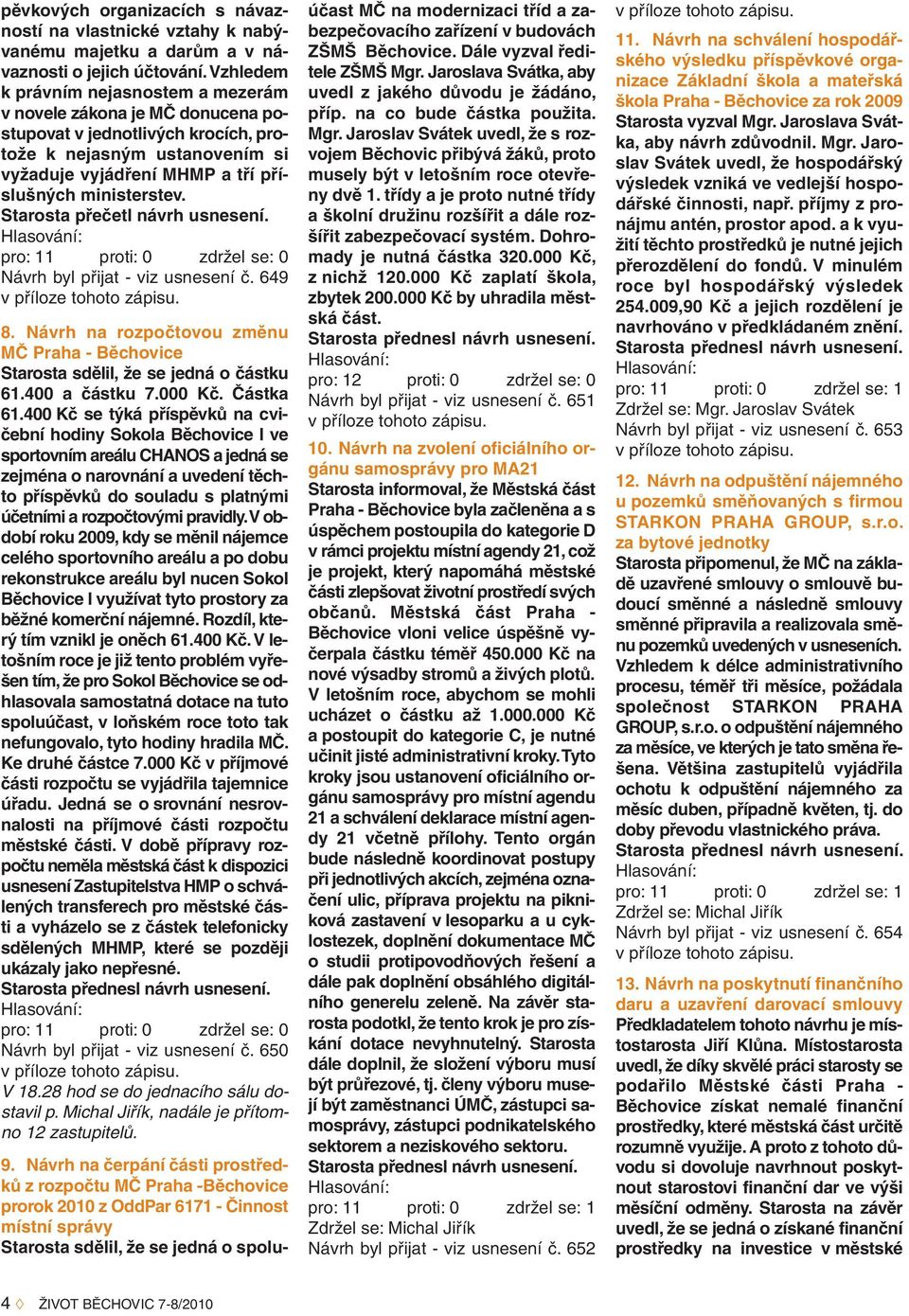 Starosta přečetl návrh usnesení. pro: 11 proti: 0 zdržel se: 0 Návrh byl přijat - viz usnesení č. 649 v příloze tohoto zápisu. 8.