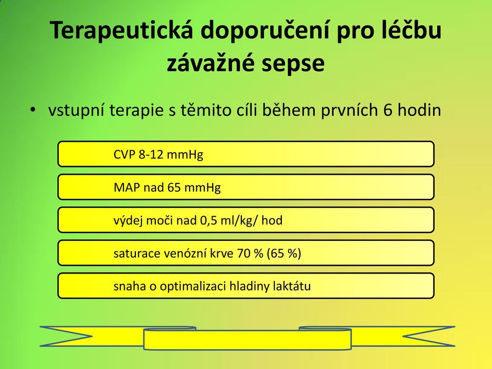 MAP nad 65 mmhg výdej moči nad 0,5 ml/kg/ hod saturace