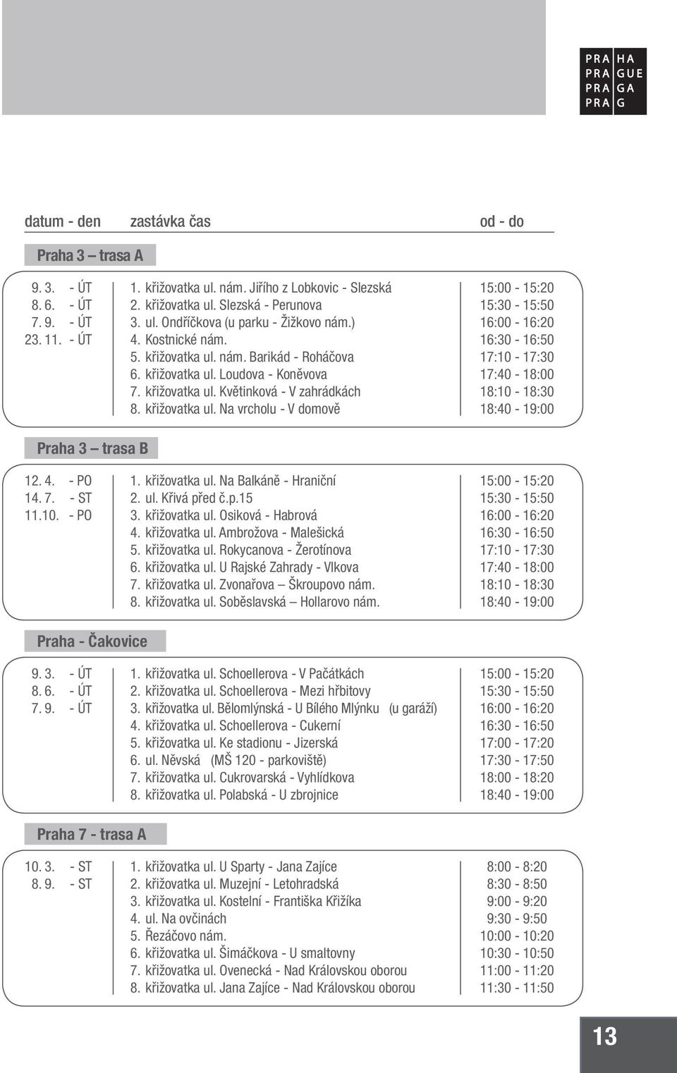 - PO 14. 7. - ST 11.10. - PO 1. křižovatka ul. Na Balkáně - Hraniční 2. ul. Křivá před č.p.15 3. křižovatka ul. Osiková - Habrová 4. křižovatka ul. Ambrožova - Malešická 5. křižovatka ul. Rokycanova - Žerotínova 6.