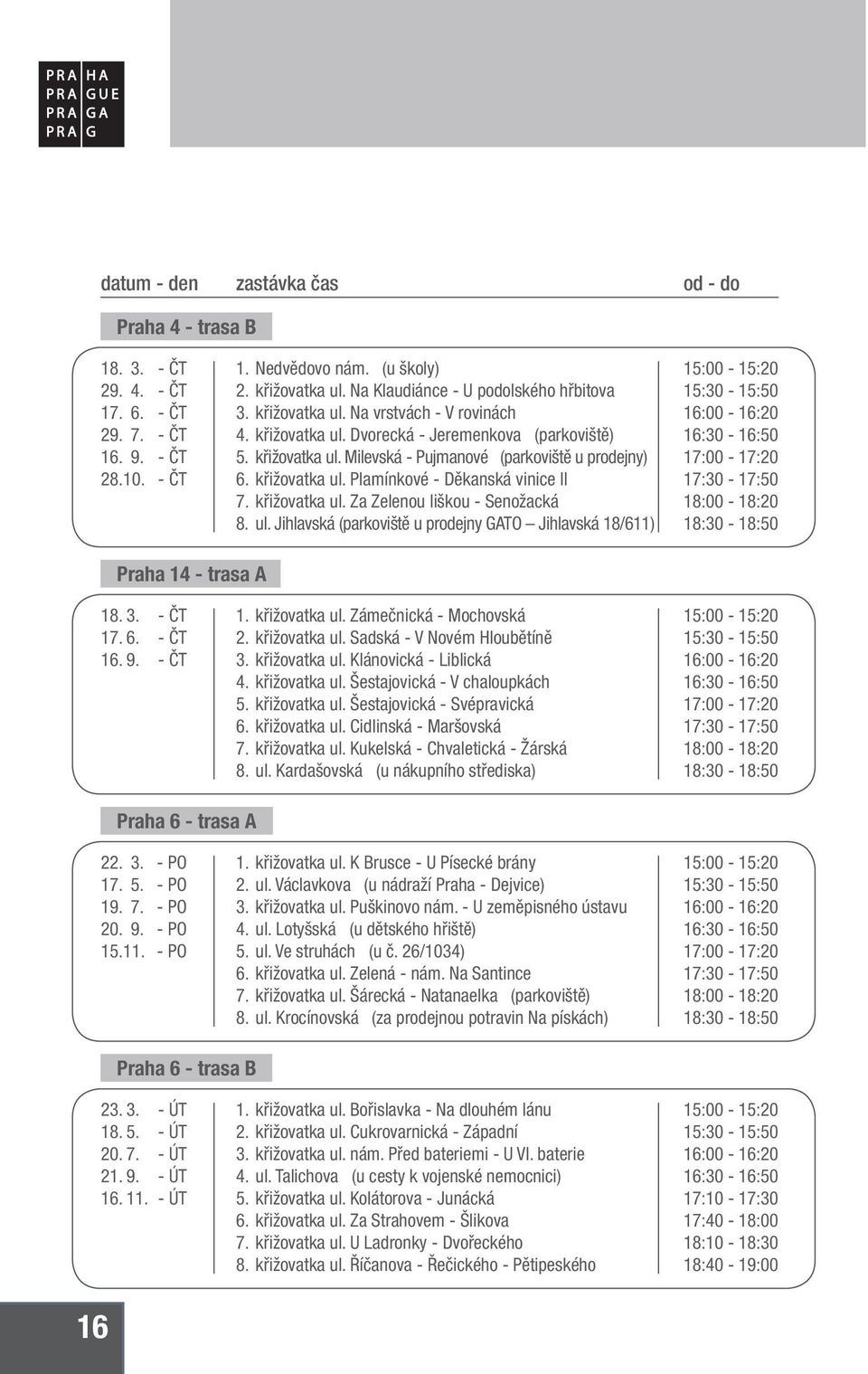 ul. Jihlavská (parkoviště u prodejny GATO Jihlavská 18/611) Praha 14 - trasa A 18. 3. - ČT 17. 6. - ČT 16. 9. - ČT 1. křižovatka ul. Zámečnická - Mochovská 2. křižovatka ul. Sadská - V Novém Hloubětíně 3.