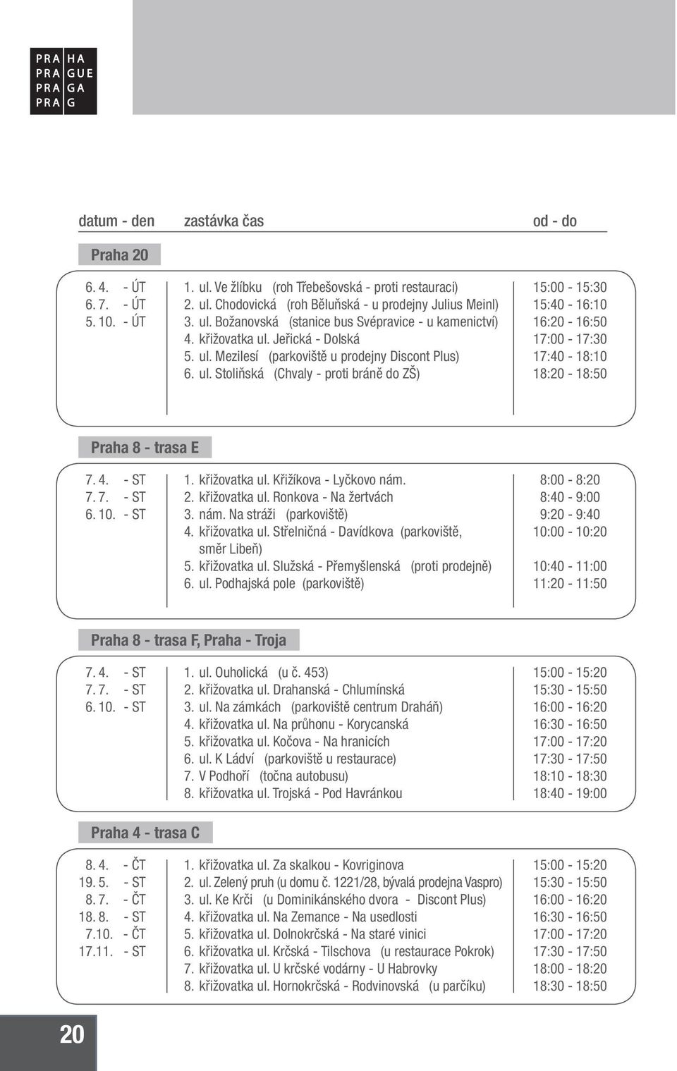 4. - ST 7. 7. - ST 6. 10. - ST 1. křižovatka ul. Křižíkova - Lyčkovo nám. 2. křižovatka ul. Ronkova - Na žertvách 3. nám. Na stráži (parkoviště) 4. křižovatka ul. Střelničná - Davídkova (parkoviště, směr Libeň) 5.