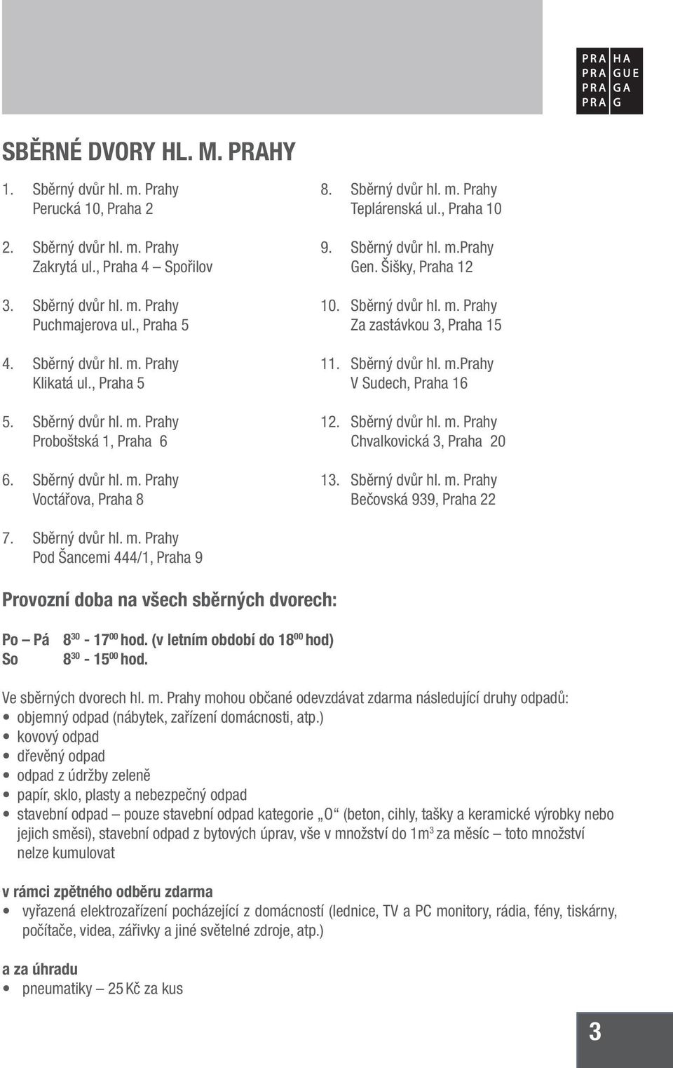 , Praha 5 11. Sběrný dvůr hl. m.prahy V Sudech, Praha 16 5. Sběrný dvůr hl. m. Prahy Proboštská 1, Praha 6 12. Sběrný dvůr hl. m. Prahy Chvalkovická 3, Praha 20 6. Sběrný dvůr hl. m. Prahy Voctářova, Praha 8 13.