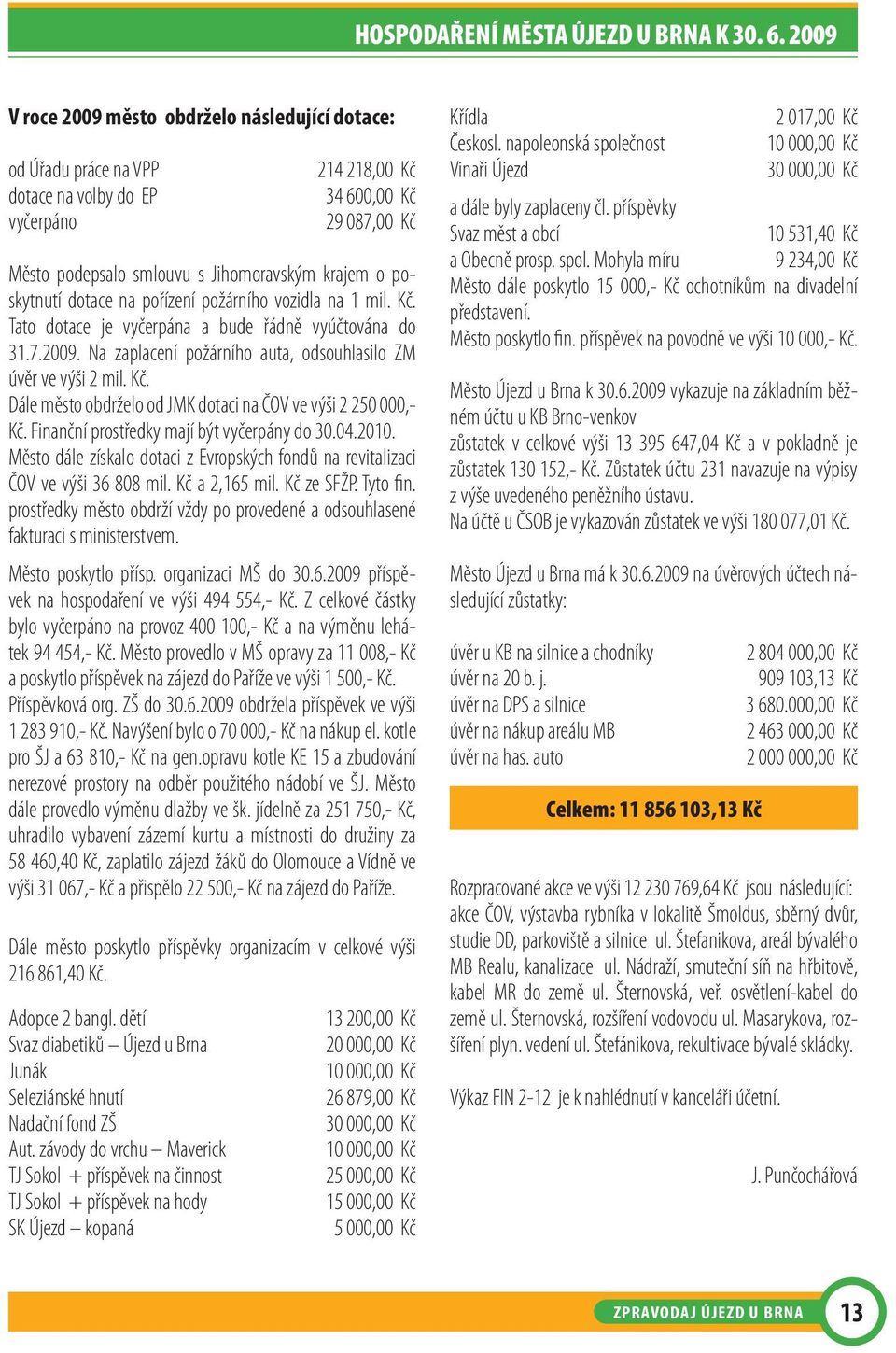 poskytnutí dotace na pořízení požárního vozidla na 1 mil. Kč. Tato dotace je vyčerpána a bude řádně vyúčtována do 31.7.2009. Na zaplacení požárního auta, odsouhlasilo ZM úvěr ve výši 2 mil. Kč. Dále město obdrželo od JMK dotaci na ČOV ve výši 2 250 000,- Kč.