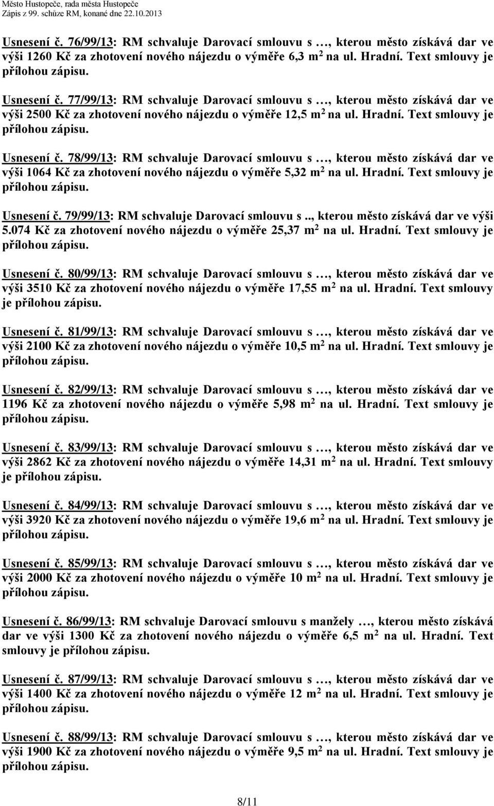 78/99/13: RM schvaluje Darovací smlouvu s, kterou město získává dar ve výši 1064 Kč za zhotovení nového nájezdu o výměře 5,32 m 2 na ul. Hradní. Text smlouvy je Usnesení č.