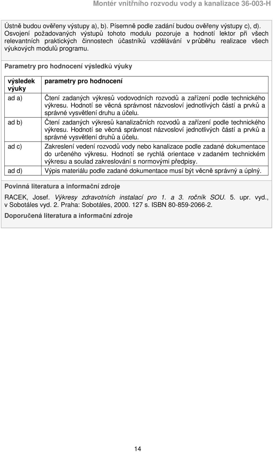 Parametry pro hodnocení výsledků výuky výsledek výuky ad a) ad b) ad c) ad d) parametry pro hodnocení Čtení zadaných výkresů vodovodních rozvodů a zařízení podle technického výkresu.