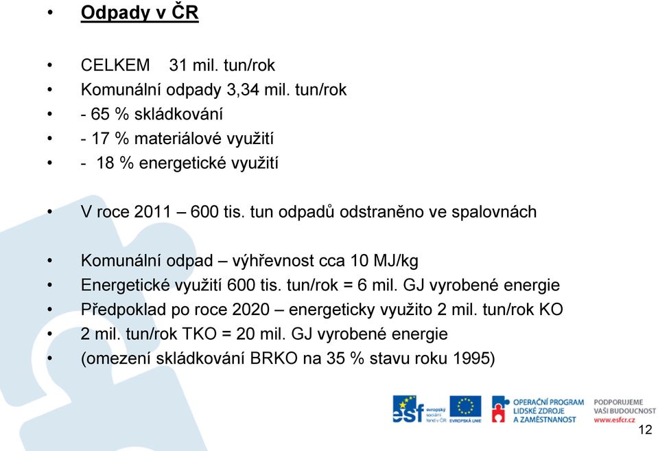 tun odpadů odstraněno ve spalovnách Komunální odpad výhřevnost cca 10 MJ/kg Energetické využití 600 tis.