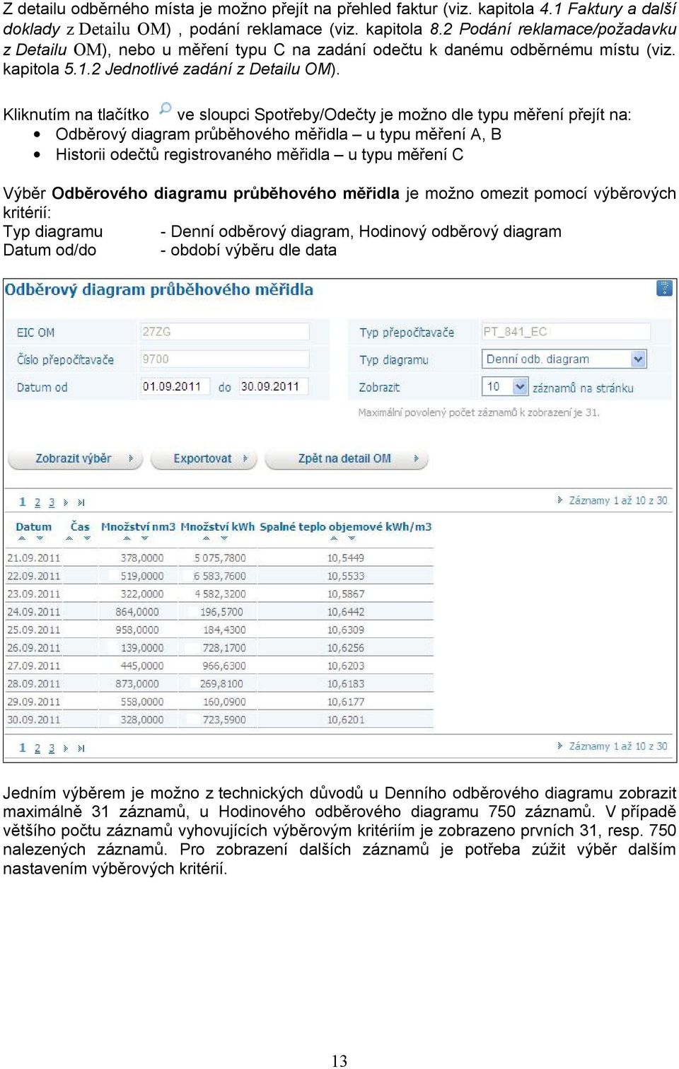 Kliknutím na tlačítko ve sloupci Spotřeby/Odečty je možno dle typu měření přejít na: Odběrový diagram průběhového měřidla u typu měření A, B Historii odečtů registrovaného měřidla u typu měření C