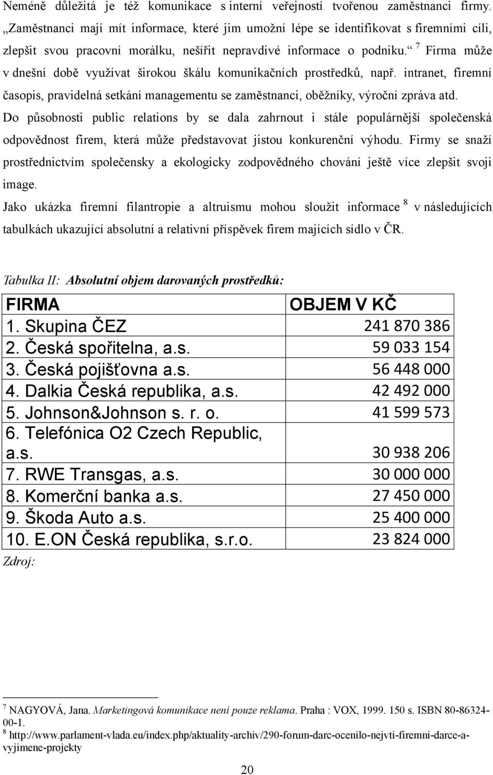 7 Firma můţe v dnešní době vyuţívat širokou škálu komunikačních prostředků, např. intranet, firemní časopis, pravidelná setkání managementu se zaměstnanci, oběţníky, výroční zpráva atd.