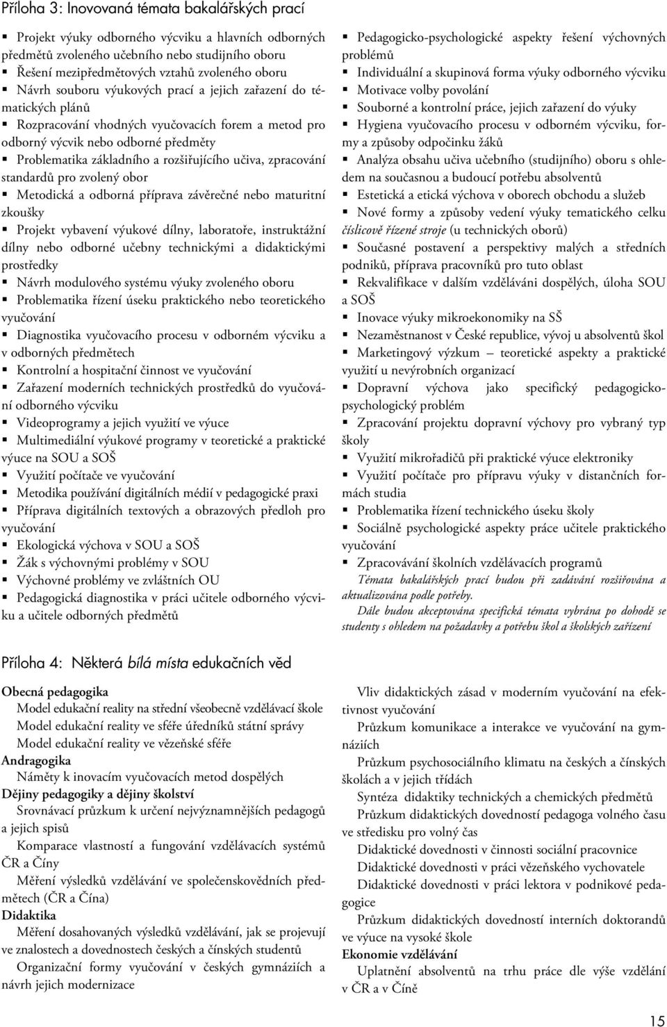 učiva, zpracování standardů pro zvolený obor Metodická a odborná příprava závěrečné nebo maturitní zkoušky Projekt vybavení výukové dílny, laboratoře, instruktážní dílny nebo odborné učebny