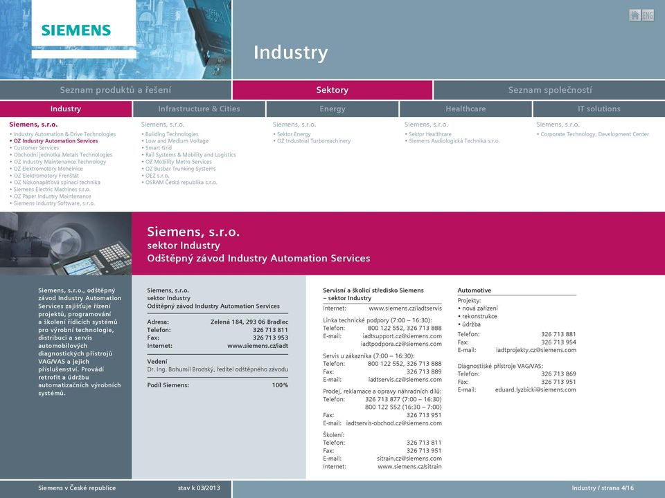 Healthcare sektor Industry Odštěpný závod Industry Automation Services, odštěpný závod Industry Automation Services zajišťuje řízení projektů, programování a školení řídicích systémů pro výrobní