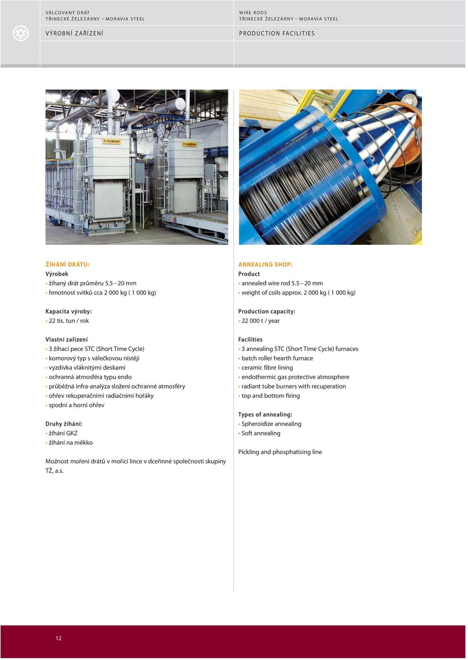 tun / rok Production capacity: 22 000 t / year Vlastní zařízení 3 žíhací pece STC (Short Time Cycle) komorový typ s válečkovou nístějí vyzdívka vláknitými deskami ochranná atmosféra typu endo