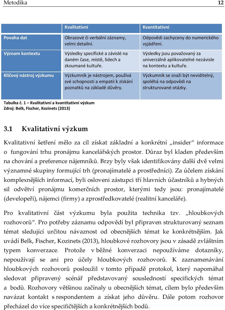 Výsledky jsou považovaný za univerzálně aplikovatelné nezávisle na kontextu a kultuře. Výzkumník se snaží být neviditelný, spoléhá na odpovědi na strukturované otázky. Tabulka č.