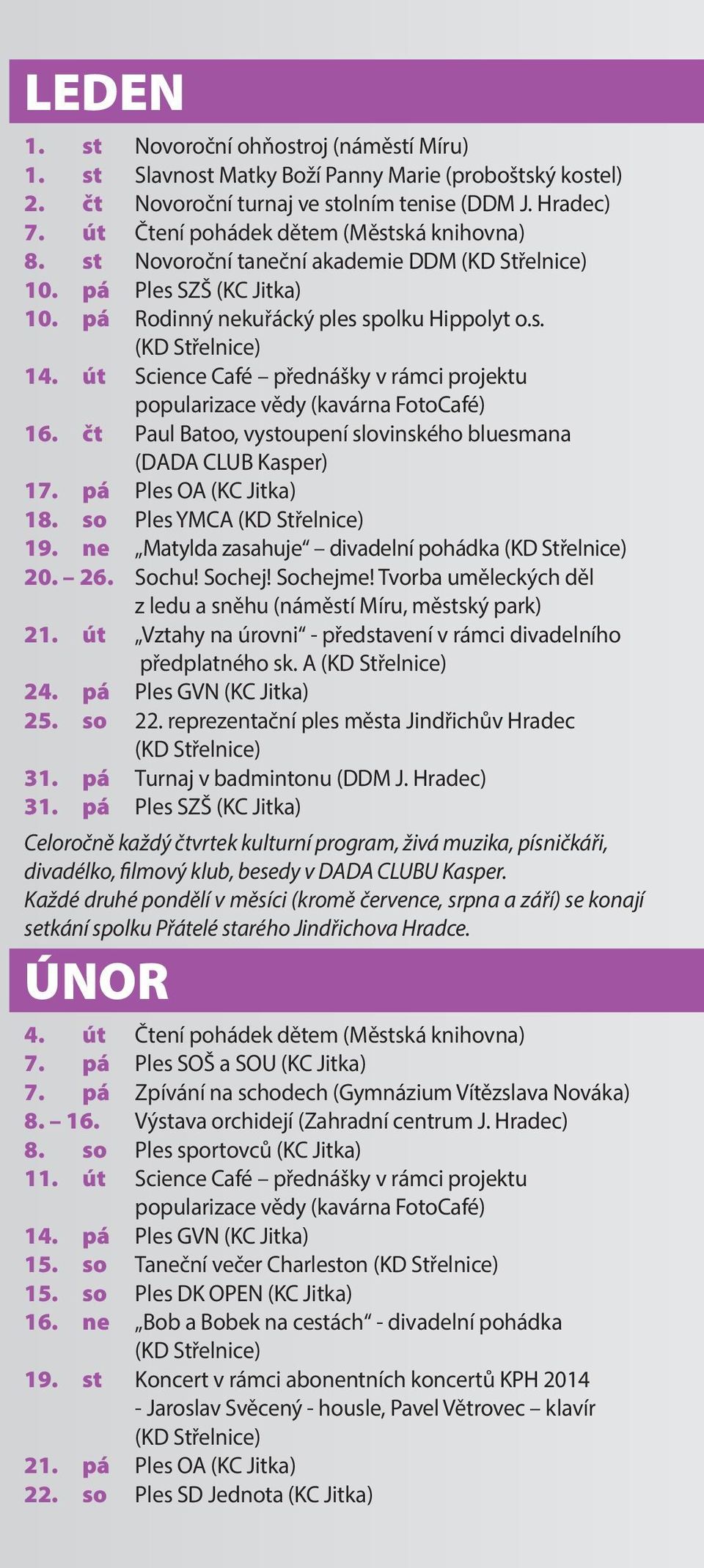 út Science Café přednášky v rámci projektu 16. čt Paul Batoo, vystoupení slovinského bluesmana (DADA CLUB Kasper) 17. pá Ples OA (KC Jitka) 18. so Ples YMCA (KD Střelnice) 19.