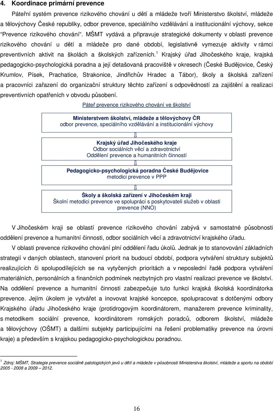 MŠMT vydává a připravuje strategické dokumenty v oblasti prevence rizikového chování u dětí a mládeže pro dané období, legislativně vymezuje aktivity v rámci preventivních aktivit na školách a