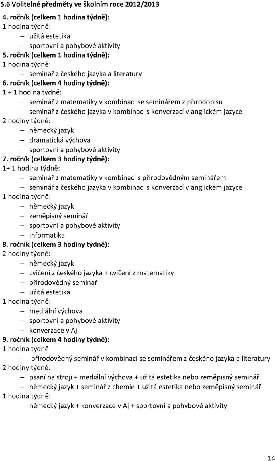 ročník (celkem 4 hodiny týdně): 1 + 1 hodina týdně: seminář z matematiky v kombinaci se seminářem z přírodopisu seminář z českého jazyka v kombinaci s konverzací v anglickém jazyce 2 hodiny týdně: