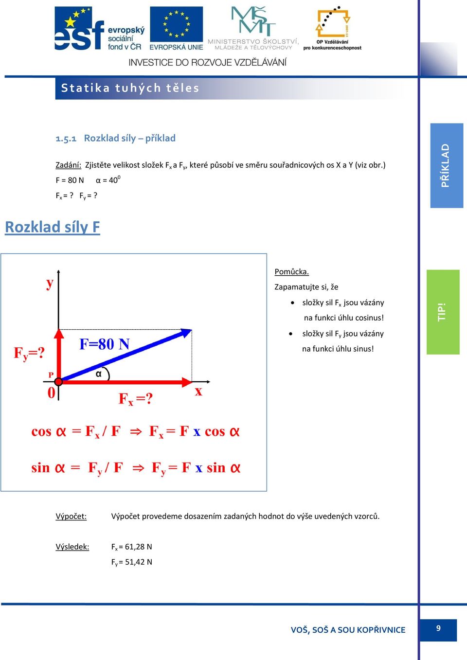 souřadnicových os X a Y (viz obr.) F = 80 N α = 40 0 F x =? F y =? Pomůcka.