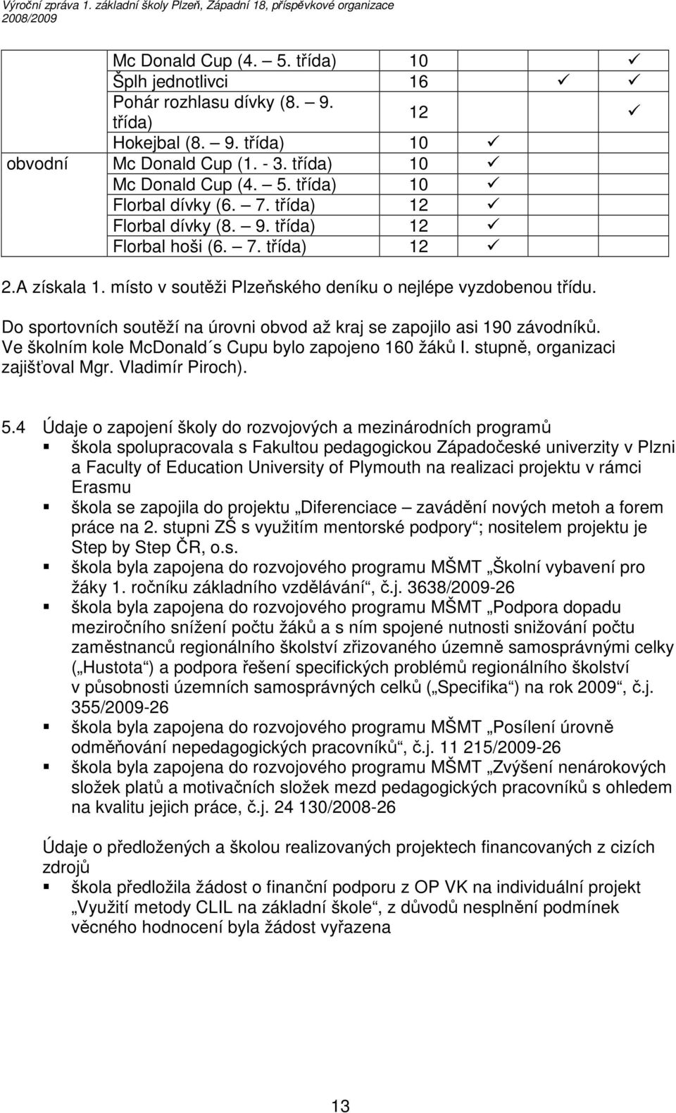 Do sportovních soutěží na úrovni obvod až kraj se zapojilo asi 190 závodníků. Ve školním kole McDonald s Cupu bylo zapojeno 160 žáků I. stupně, organizaci zajišťoval Mgr. Vladimír Piroch). 5.