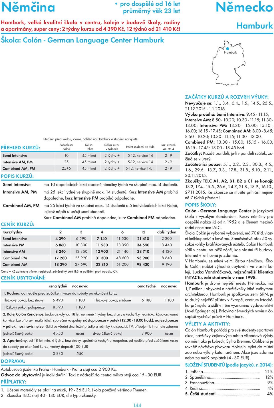 AM, PM 25 45 minut 2 týdny + 5-12, nejvíce 14 2-9 Combined AM, PM 25+5 45 minut 2 týdny + 5-12, nejvíce 14, 1 2-9 Semi Intensive má 10 dopoledních lekcí obecné němčiny ve skupině max.14 studentů.