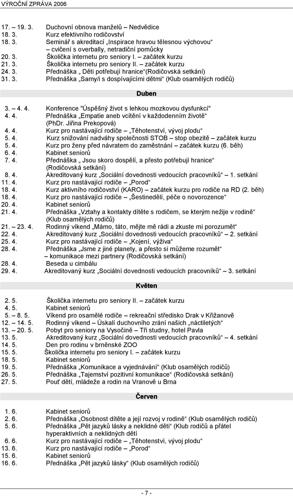 4. 4. Konference "Úspěšný život s lehkou mozkovou dysfunkcí" 4. 4. Přednáška Empatie aneb vcítění v každodenním životě (PhDr. Jiřina Prekopová) 4. 4. Kurz pro nastávající rodiče Těhotenství, vývoj plodu 5.