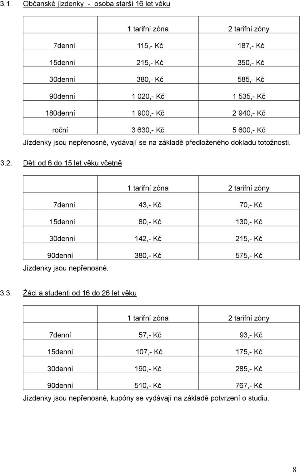 940,- Kč roční 3 630,- Kč 5 600,- Kč Jízdenky jsou nepřenosné, vydávají se na základě předloženého dokladu totožnosti. 3.2.