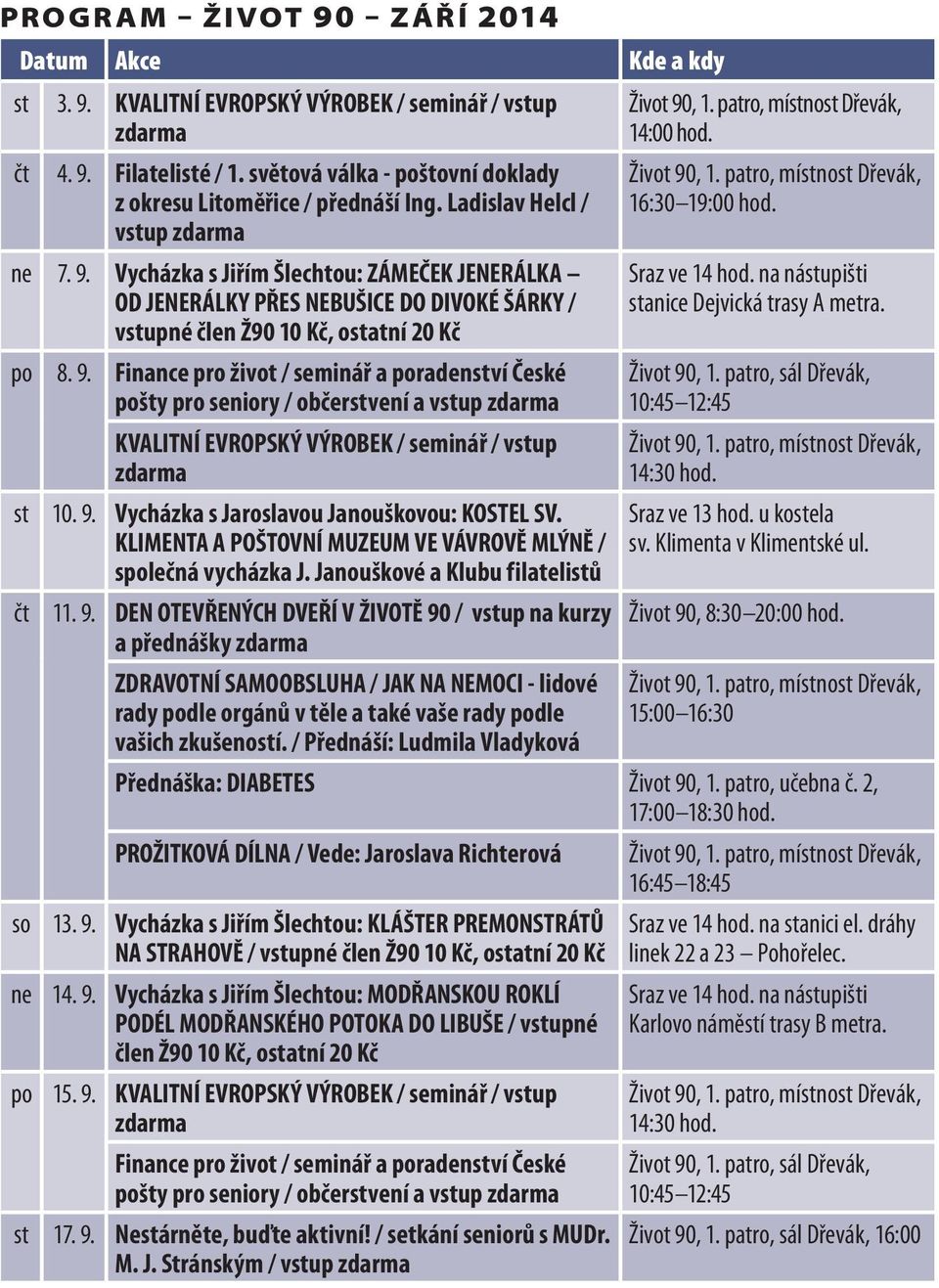 Vycházka s Jiřím Šlechtou: ZÁMEČEK JENERÁLKA OD JENERÁLKY PŘES NEBUŠICE DO DIVOKÉ ŠÁRKY / vstupné člen Ž90 10 Kč, ostatní 20 Kč po 8. 9.