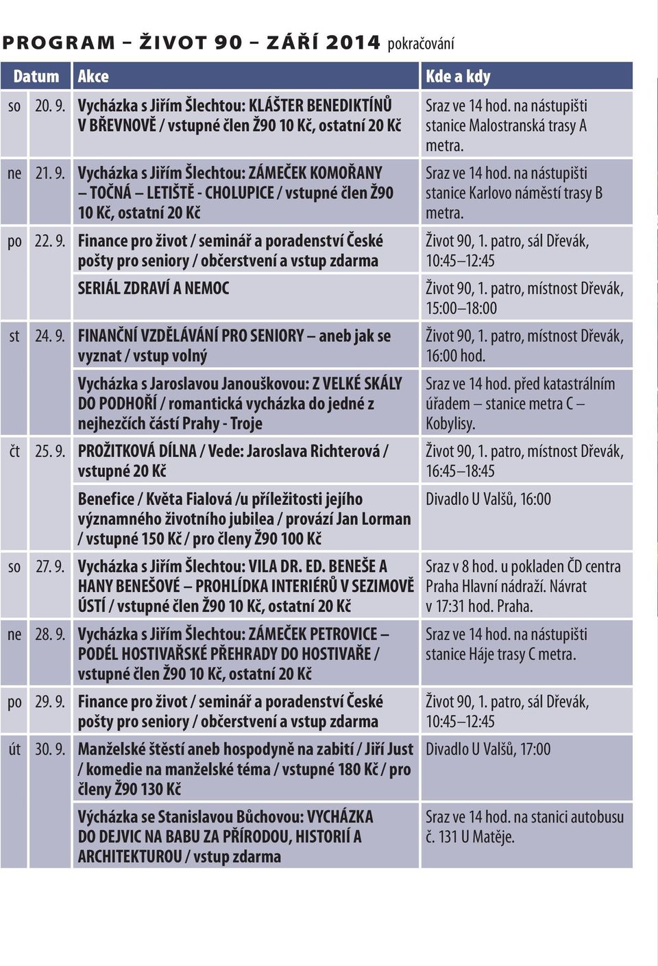 FINANČNÍ VZDĚLÁVÁNÍ PRO SENIORY aneb jak se vyznat / vstup volný Vycházka s Jaroslavou Janouškovou: Z VELKÉ SKÁLY DO PODHOŘÍ / romantická vycházka do jedné z nejhezčích částí Prahy - Troje čt 25. 9.