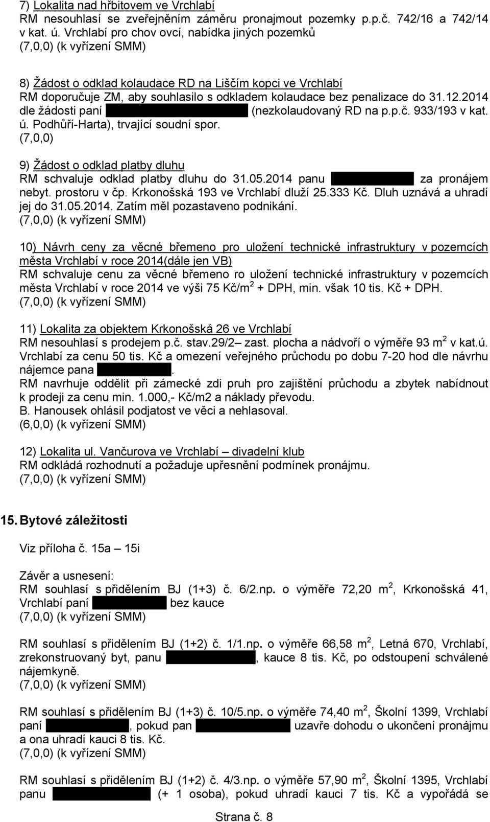 2014 dle žádosti paní (nezkolaudovaný RD na p.p.č. 933/193 v kat. ú. Podhůří-Harta), trvající soudní spor. (7,0,0) 9) Žádost o odklad platby dluhu RM schvaluje odklad platby dluhu do 31.05.