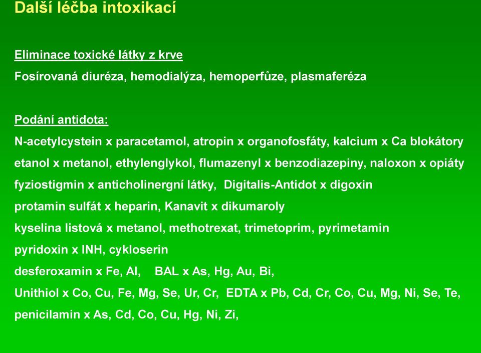 Digitalis-Antidot x digoxin protamin sulfát x heparin, Kanavit x dikumaroly kyselina listová x metanol, methotrexat, trimetoprim, pyrimetamin pyridoxin x INH,
