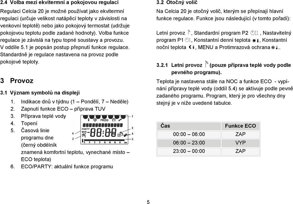 Standardně je regulace nastavena na provoz podle pokojové teploty. Provoz. Význam symbolů na displeji. Indikace dnů v týdnu ( Pondělí, 7 Neděle). Zapnutí funkce ECO příprava TUV. Příprava teplé vody.