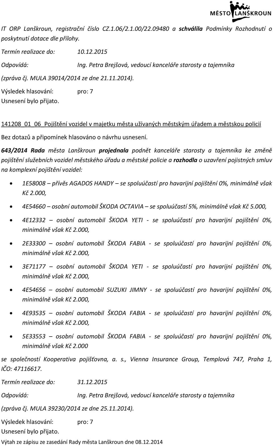 141208_01_06_Pojištění vozidel v města užívaných městským úřadem a městskou policií Bez dotazů a připomínek hlasováno o návrhu usnesení.