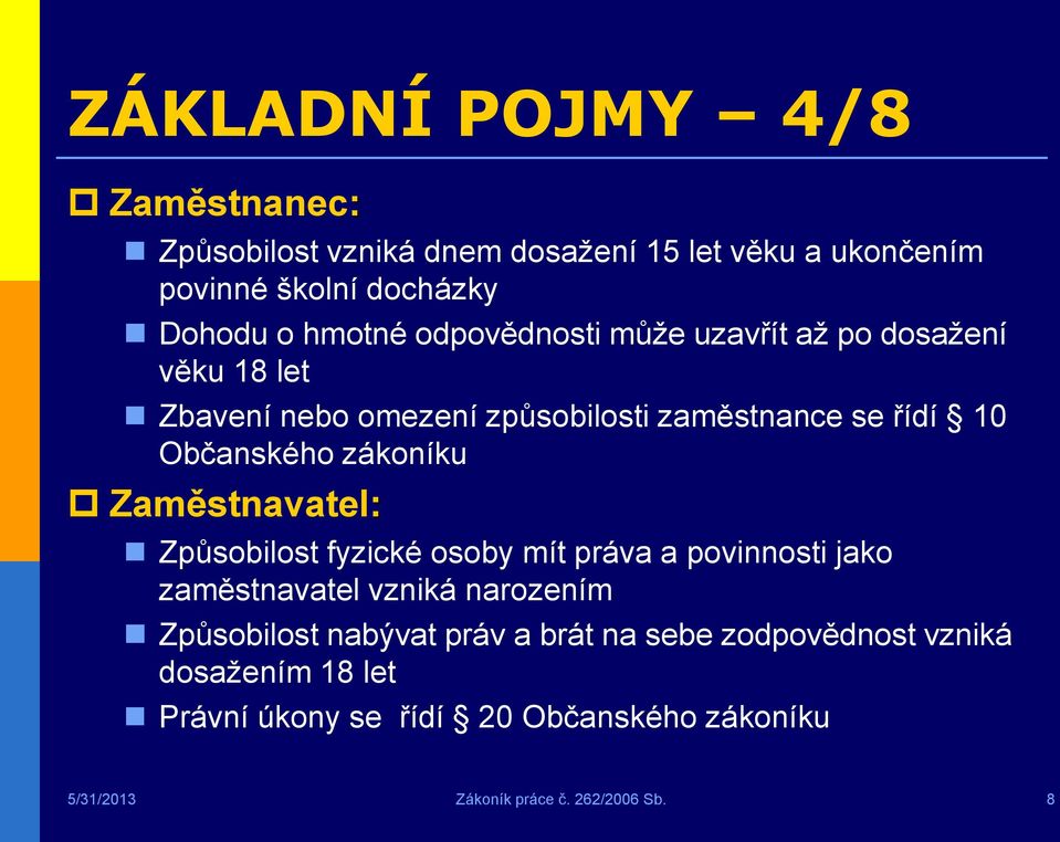 Zaměstnavatel: Způsobilost fyzické osoby mít práva a povinnosti jako zaměstnavatel vzniká narozením Způsobilost nabývat práv a