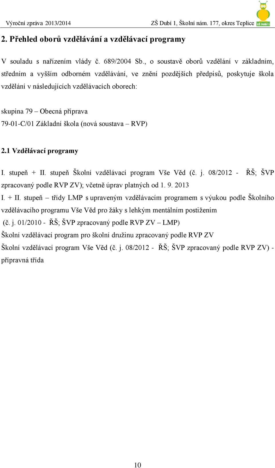 79-01-C/01 Základní škola (nová soustava RVP) 2.1 Vzdělávací programy I. stupeň + II. stupeň Školní vzdělávací program Vše Věd (č. j.