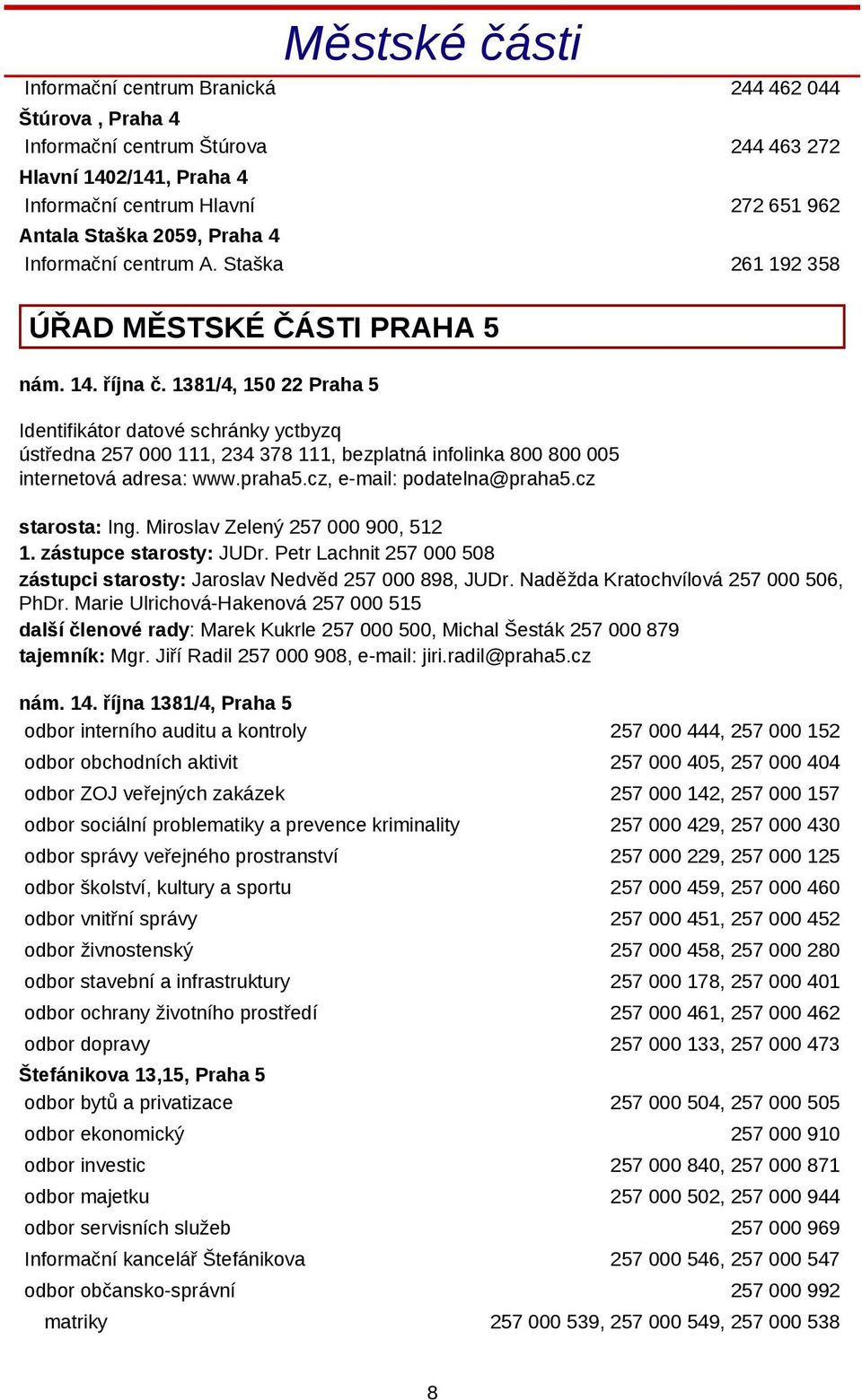 1381/4, 150 22 Praha 5 Identifikátor datové schránky yctbyzq ústředna 257 000 111, 234 378 111, bezplatná infolinka 800 800 005 internetová adresa: www.praha5.cz, e-mail: podatelna@praha5.