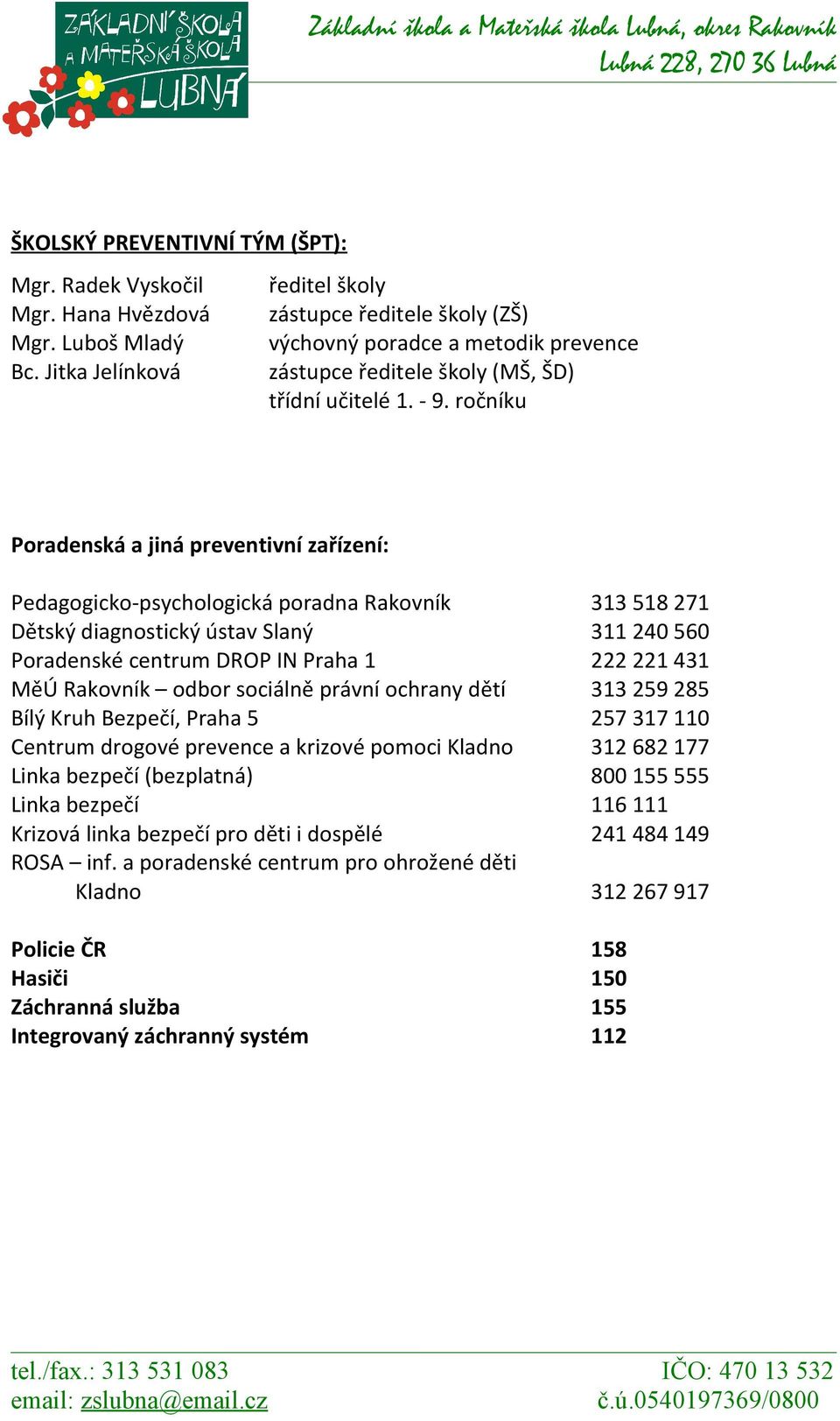 ročníku Poradenská a jiná preventivní zařízení: Pedagogicko-psychologická poradna Rakovník 313 518 271 Dětský diagnostický ústav Slaný 311 240 560 Poradenské centrum DROP IN Praha 1 222 221 431 MěÚ