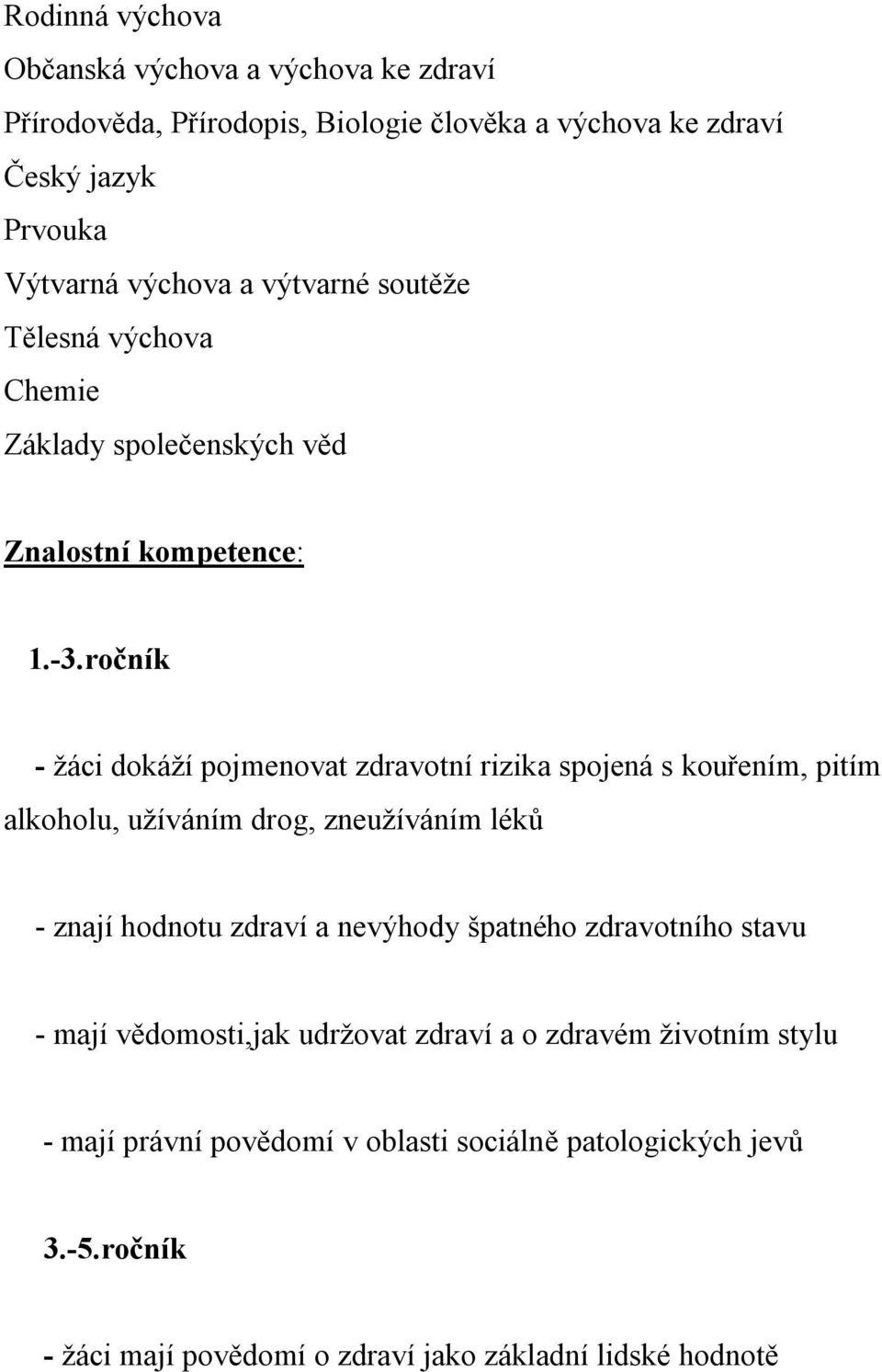 ročník - žáci dokáží pojmenovat zdravotní rizika spojená s kouřením, pitím alkoholu, užíváním drog, zneužíváním léků - znají hodnotu zdraví a nevýhody