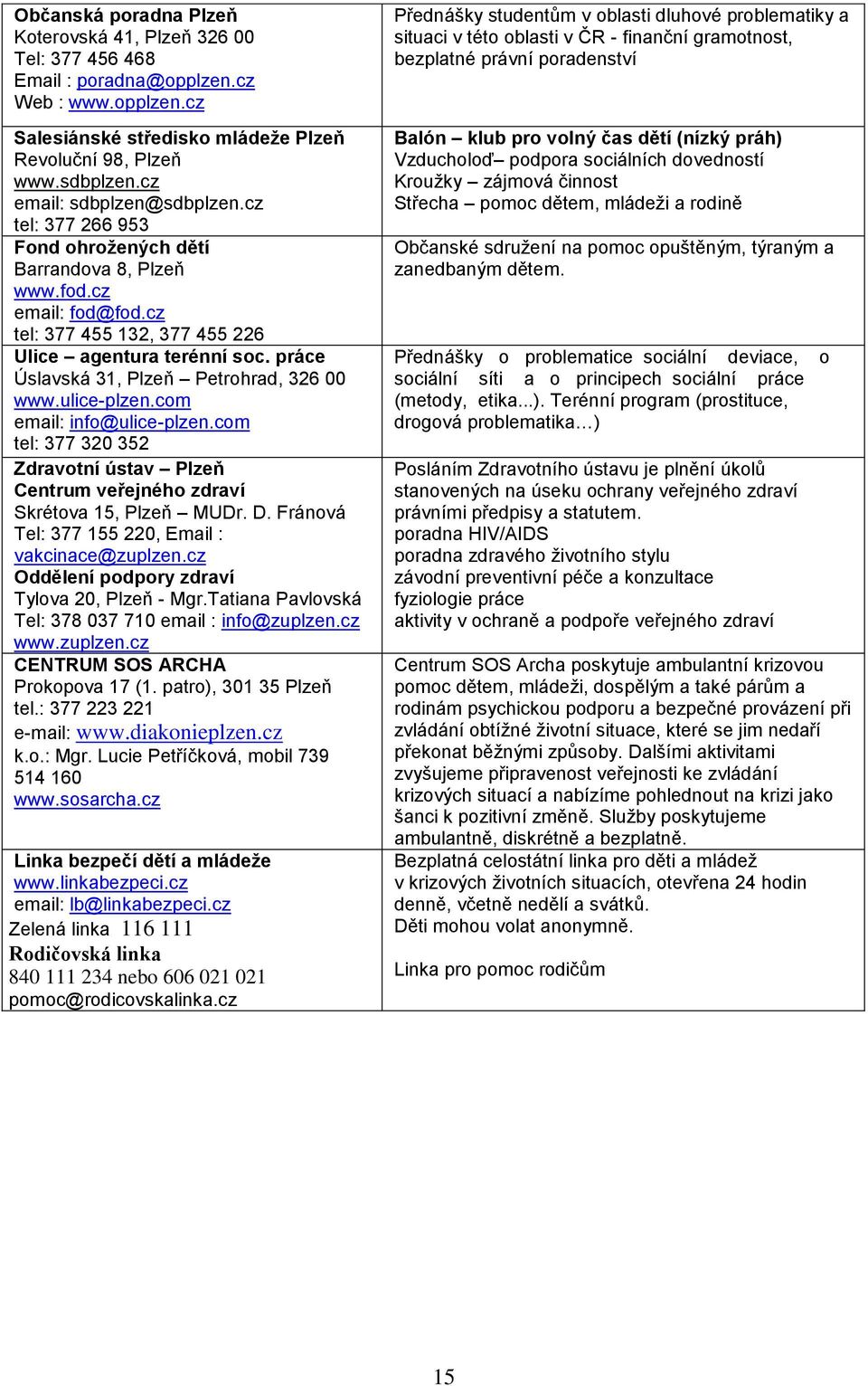 práce Úslavská 31, Plzeň Petrohrad, 326 00 www.ulice-plzen.com email: info@ulice-plzen.com tel: 377 320 352 Zdravotní ústav Plzeň Centrum veřejného zdraví Skrétova 15, Plzeň MUDr. D.