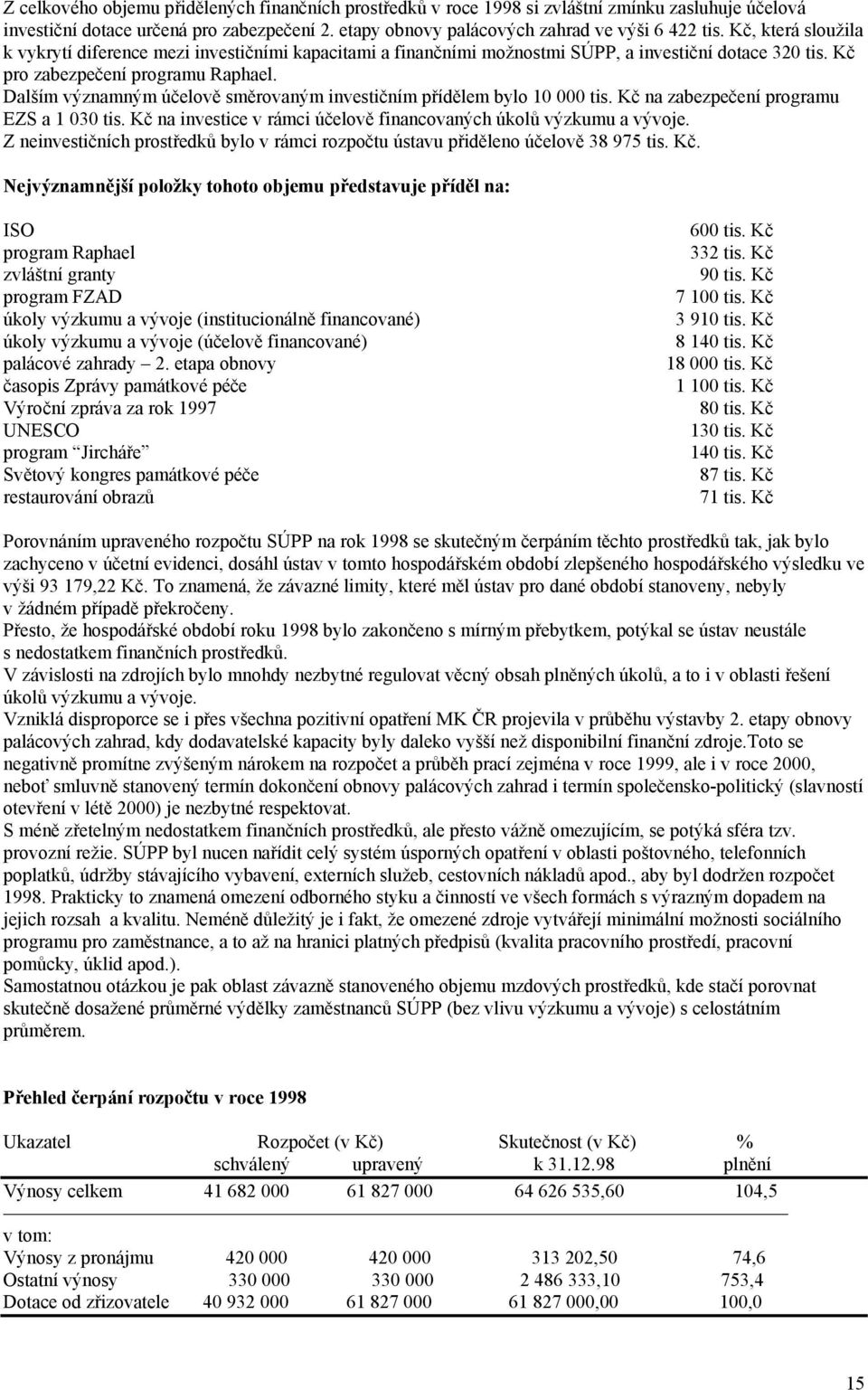 Dalším významným účelově směrovaným investičním přídělem bylo 10 000 tis. Kč na zabezpečení programu EZS a 1 030 tis. Kč na investice v rámci účelově financovaných úkolů výzkumu a vývoje.