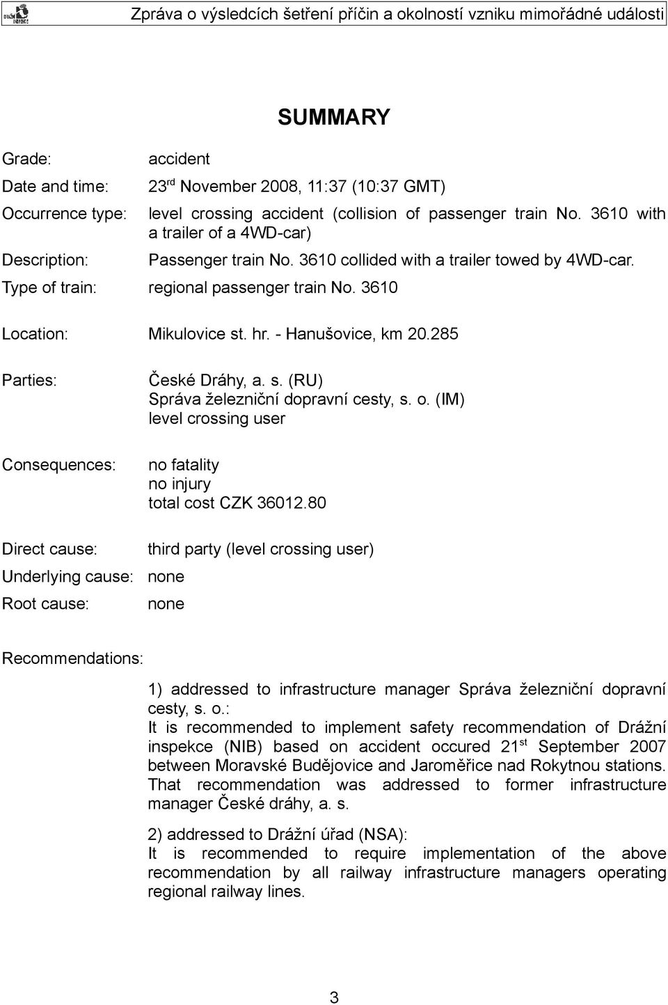 285 Parties: Consequences: Direct cause: Underlying cause: Root cause: České Dráhy, a. s. (RU) Správa železniční dopravní cesty, s. o.