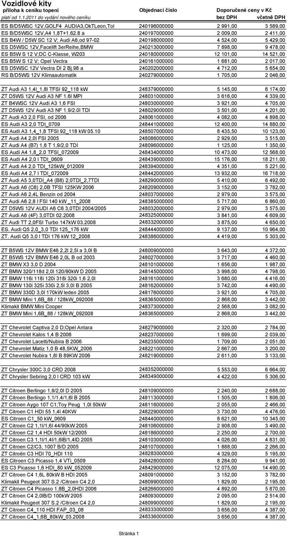 W203 240180000000 12 101,00 14 521,00 ES B5W S 12 V; Opel Vectra 240161000000 1 681,00 2 017,00 ES D5WSC 12V Vectra DI 2 Bj.