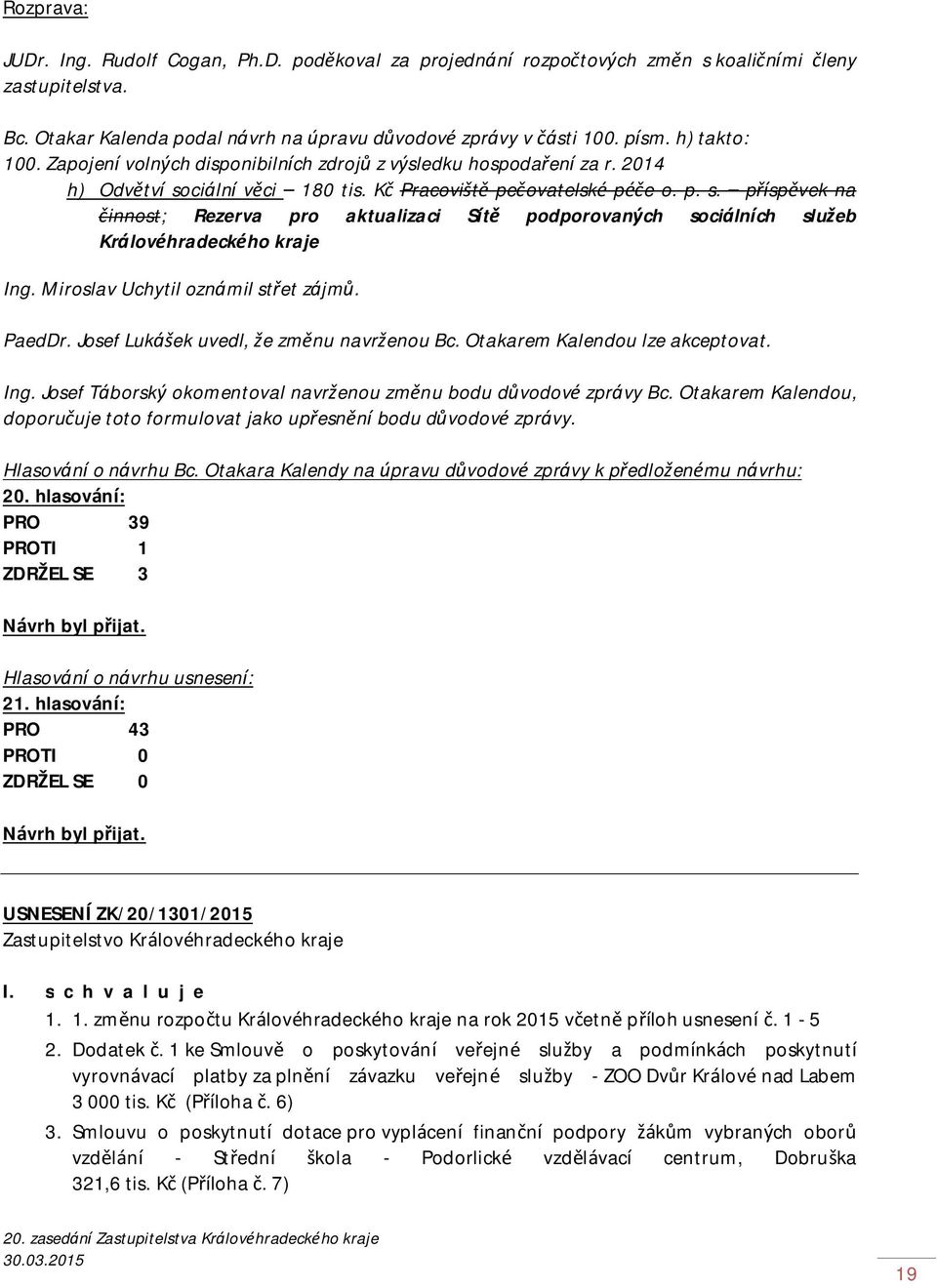 ciální věci 180 tis. Kč Pracoviště pečovatelské péče o. p. s. příspěvek na činnost; Rezerva pro aktualizaci Sítě podporovaných sociálních služeb Královéhradeckého kraje Ing.